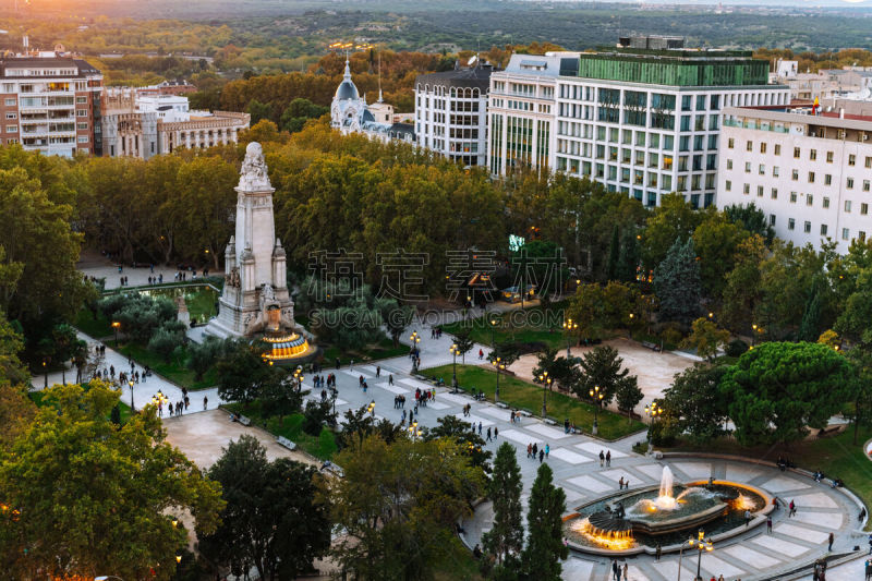 黄昏,广场,马德里,旅途,城市生活,cervantes monument,曙暮光,橙色,现代,著名景点