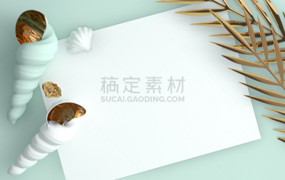 棕榈叶,动物,鹦鹉螺,贝壳,夏天,绘画插图,黄金,图像,海洋,明信片