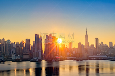 城市天际线,曼哈顿中心,水,天空,水平画幅,无人,早晨,户外,美洲,都市风景