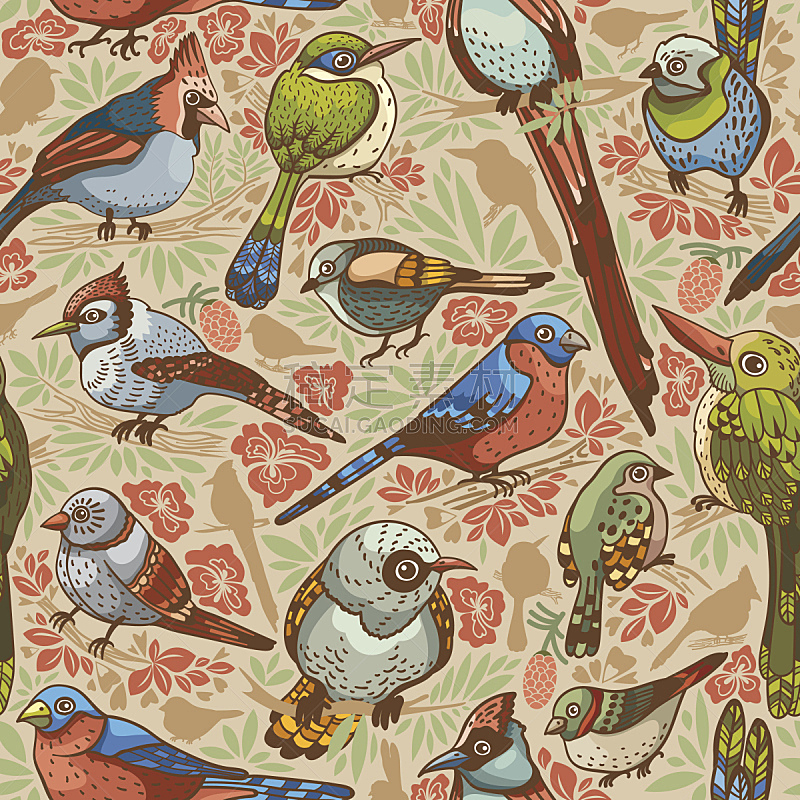 鸟类,四方连续纹样,绘画插图,符号,动物身体部位,野外动物,卡通,北美歌雀,连雀,枝