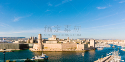 马赛,法国,都市风光,天空,水平画幅,无人,海港,户外,要塞,石材