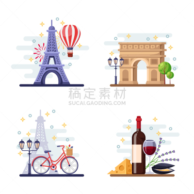 绘画插图,符号,国际著名景点,法国,矢量,食品,城市,平坦的,计算机图标,巴黎