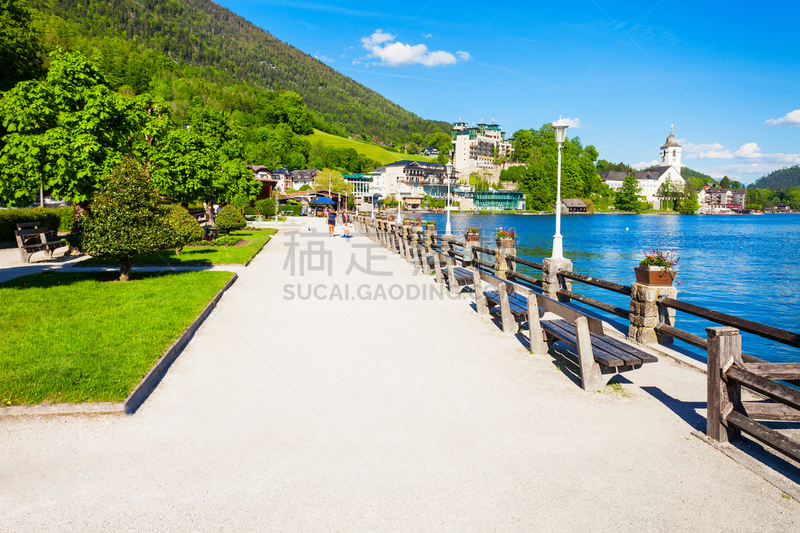 湖,奥地利,沃尔夫冈湖,水,天空,美,度假胜地,水平画幅,山