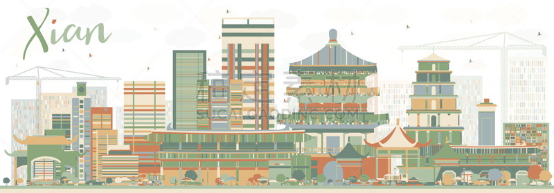 西安,城市天际线,建筑外部,抽象,彩色图片,出租车,商务,云,现代,著名景点
