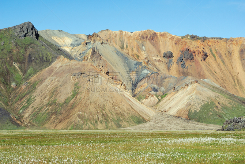 兰德玛纳,冰岛国,天空,水平画幅,绿色,地形,山,无人,蓝色,火山地形