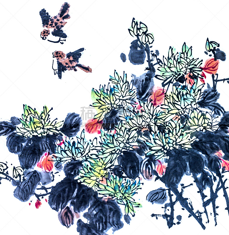 中国画,设计元素,植物学,枝,花朵,墨水,画笔,花纹,鸟类,鱼类