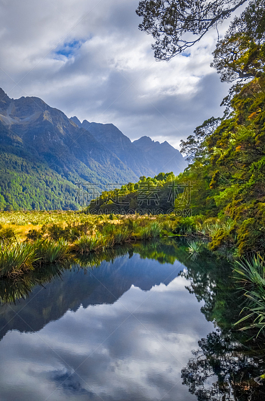 湖,新西兰,垂直画幅,水,天空,美,云,无人,户外,草
