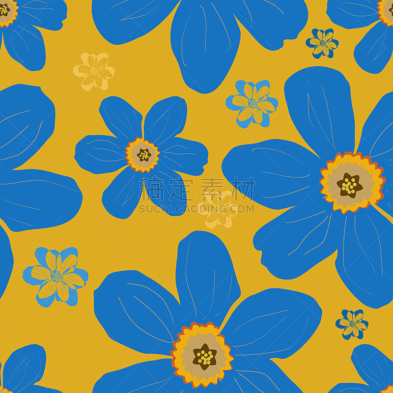 四方连续纹样,蓝色,黄色背景,纺织品,浪漫,橙色,复古风格,现代,春天,背景