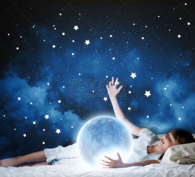 梦想,夜晚,床,就寝时间,水平画幅,可爱的,蓝色,室内,毯子,卧室