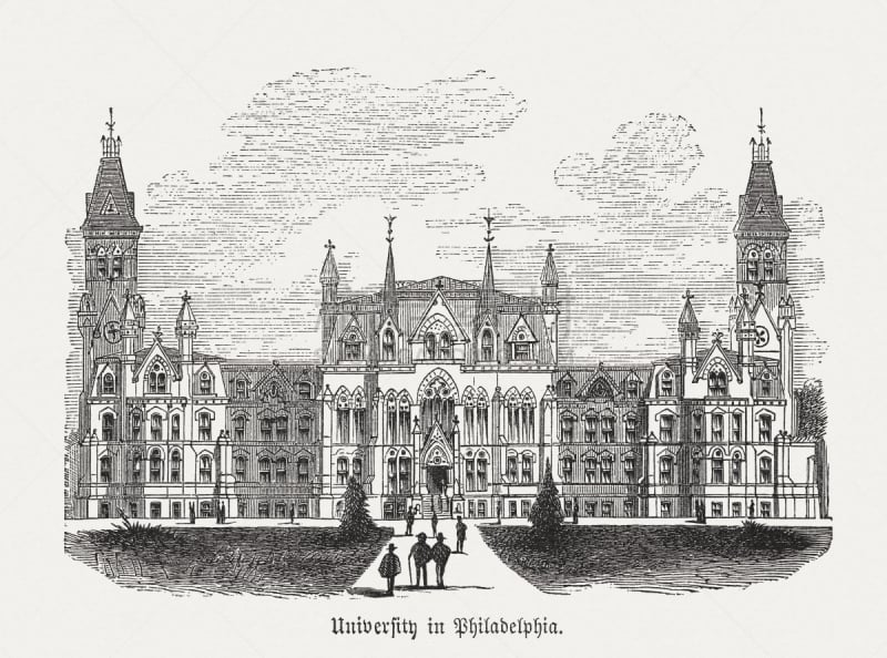 College Hall (University of Pennsylvania), Philadelphia, USA, woodcut, published 1876