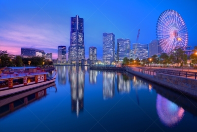 横滨,城市天际线,水平画幅,夜晚,无人,海港,曙暮光,户外,滨水,都市风景