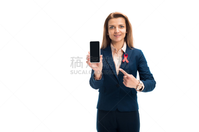 世界艾滋病日,分离着色,套装,概念,女商人,艾滋病警示丝带,黑屏,白色,指着