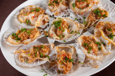 扇贝,蒸菜,大蒜,扇子,贝壳,餐具,格子烤肉,水平画幅,软体动物,开胃品