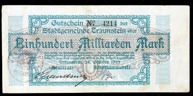 疤,1923,特劳恩施泰因,德国德意志马克,德国马克符号,古老的,一个物体,优惠券,图像,经济