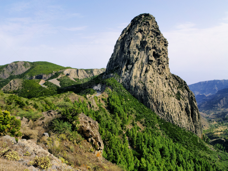 戈梅拉,岩石区,加拉霍奈国家公园,圣塞瓦斯蒂安,天空,水平画幅,山,无人,大西洋群岛,岩层