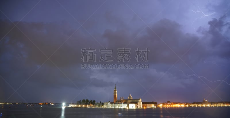 威尼斯,夜晚,暴风雨,水平画幅,无人,环境,意大利,圣大乔治岛,戏剧性的天空,闪电