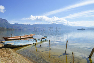 两个物体,船,丽江,河流,河岸,水,天空,水平画幅,户外,湖