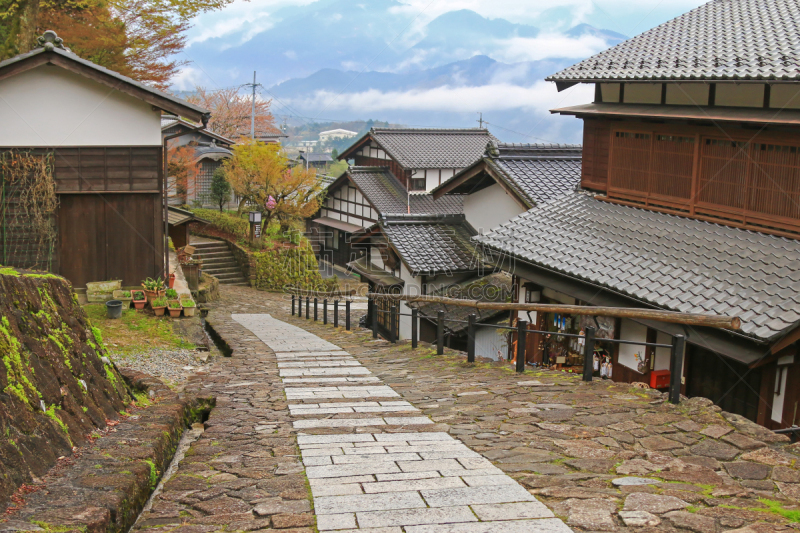雾,乡村,日本,密封食品,白昼,井,中山路,木曾山,江户时代,里山