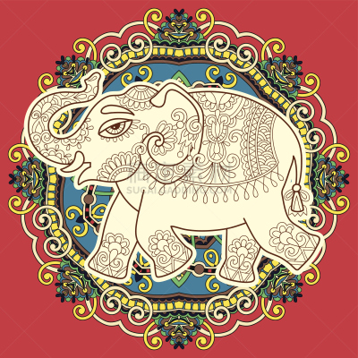 绘画插图,圆形,式样,印度象,花纹,螺旋花纹呢,图腾柱,象鼻神葛尼沙,传统舞,散沫花染人体彩绘