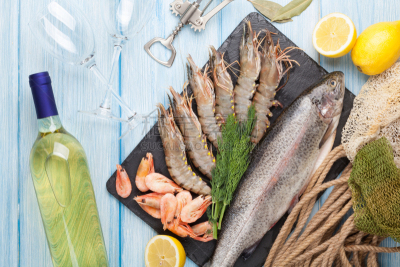 生食,海产,清新,酒瓶,白色,香料,黑色虎虾,虹鳟鱼,食用大虾,月桂树叶