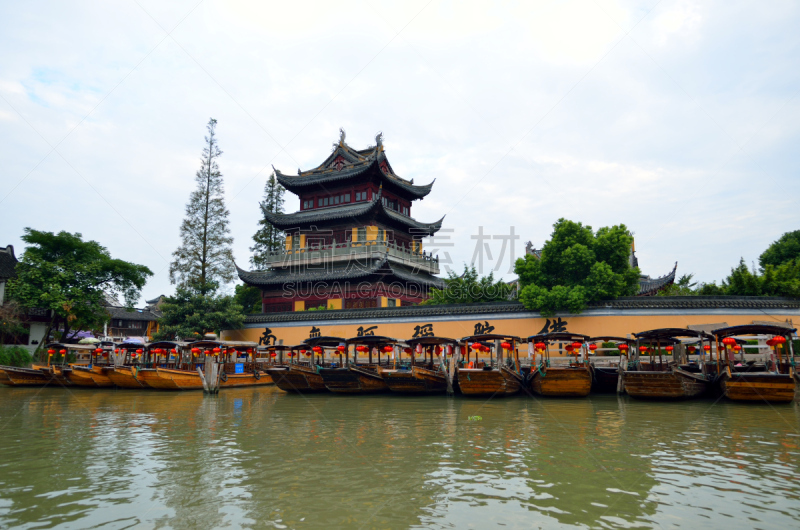 乡村,上海,船,河流,古老的,朱家角,水平画幅,建筑,无人,户外