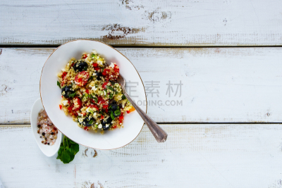 藜麦,沙拉,健康食物,铜箱馆,樱桃番茄,留白,水平画幅,开胃品,配方,缓慢的