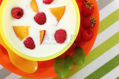 桃,酸奶,健康食物,水果,覆盆子,奶制品,水平画幅,素食,无人,酸乳酒