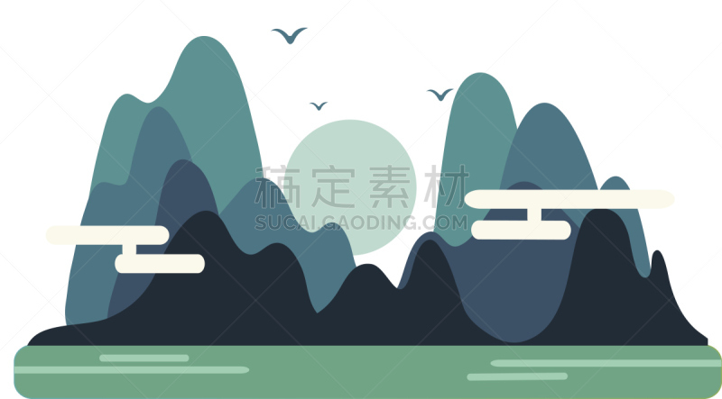 中国,山脉,时尚,矢量,水彩画颜料,云景,云,自然美,鸟类,湖