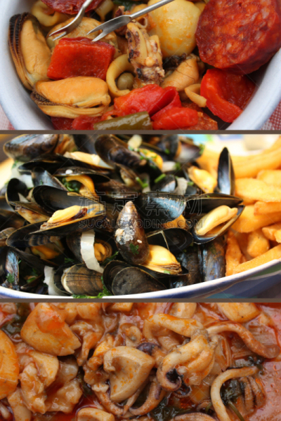 鱿鱼,海产,海味沙拉,贻贝,海洋,膳食,晚餐,法国,垂直画幅,炸薯条
