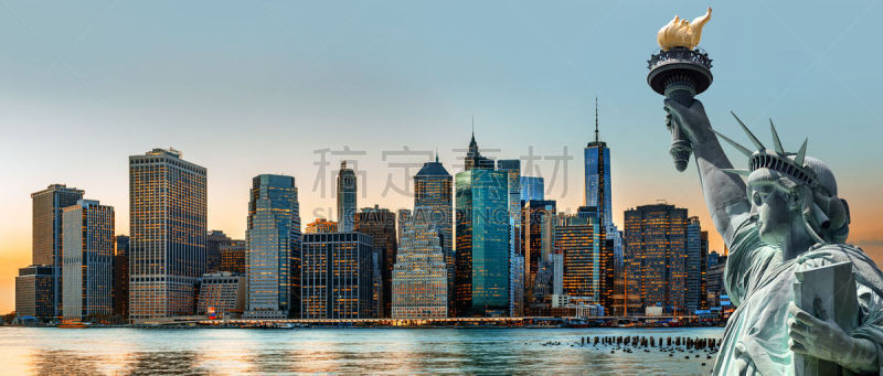 纽约,全景,城市天际线,天空,水平画幅,无人,户外,美洲,都市风景,国际著名景点