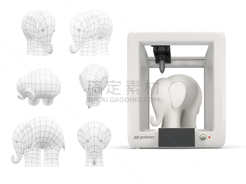 打印机,白色,三维图形,象,塑胶,留白,未来,水平画幅,形状,绘画插图