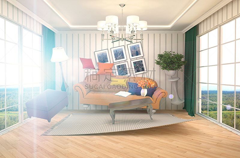 家具,起居室,三维图形,绘画插图,座位,水平画幅,无人,蓝色,装饰物,舒服