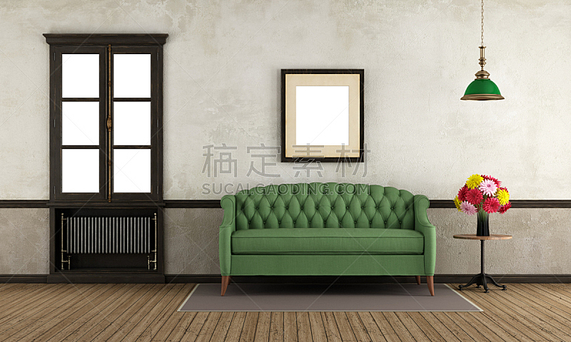 沙发,空的,窗户,住宅房间,绿色,怀旧风格,散热器,起居室,白灰泥,地毯