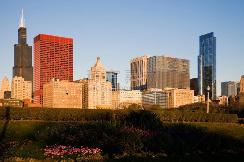 芝加哥市,早晨,秋天,水平画幅,建筑,无人,城市天际线,夏天,城市生活,户外