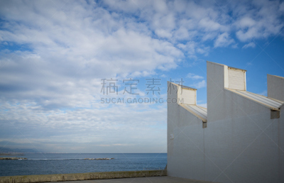 巴塞罗那,城市天际线,水,水平画幅,无人,户外,交通方式,都市风景,海滩,城镇