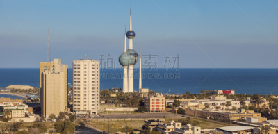 科威特市,全景,航拍视角,水塔,波斯湾,著名景点,户外,天空,建筑,晴朗