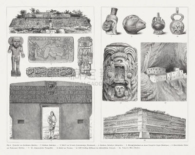 Pre-American archaeological finds: 1) Pyramid of Xochicalco (Mexico); 2) Mexican stone figure; 3) Relief of Santa Lucía Cotzumalguapa in Guatemala; 4) Mexican stone figure (Corn Goddess, Chicomecoatl, Dahlem Museum, Berlin); 5) Mayan scripture relief (Cop