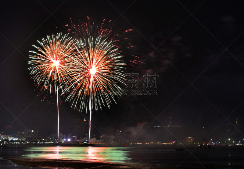 夜晚,焰火,水,天空,美,新的,水平画幅,沙滩派对,历日