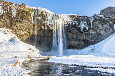 冰岛国,冬天,瀑布,河流,塞里雅兰瀑布,水,天空,树林瀑布,雪,旅行者