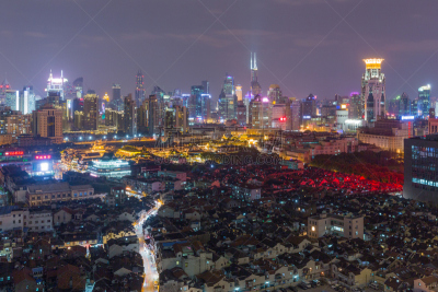 夜晚,上海,古城,水平画幅,无人,城市天际线,户外,豫园,都市风景,浦西