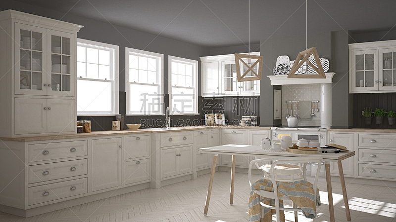 白色,斯堪的纳维亚人,木制,厨房,简单,室内设计师,极简构图,大特写,建筑模型,镶花地板