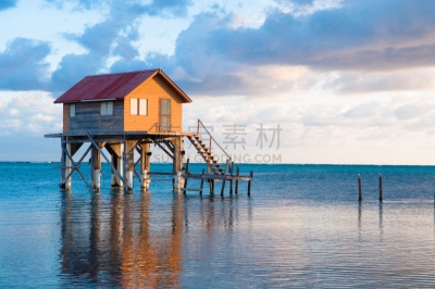 伯利兹,ambergris caye,水,水平画幅,建筑,木制,无人,户外,房屋,戏剧性的天空