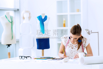 时尚设计师,青年人,草图,女性,服装设计室,设计室,业主,纺织品,图像