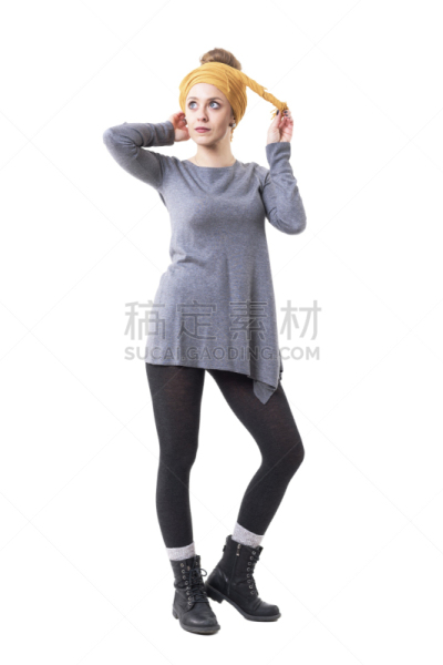 黄色,个性,时尚,女人头巾,向上看,青年女人,服装店,做,写实