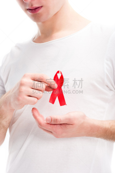 男人,图像,世界艾滋病日,衬衫,白色,概念,分离着色,部分,艾滋病警示丝带,出示