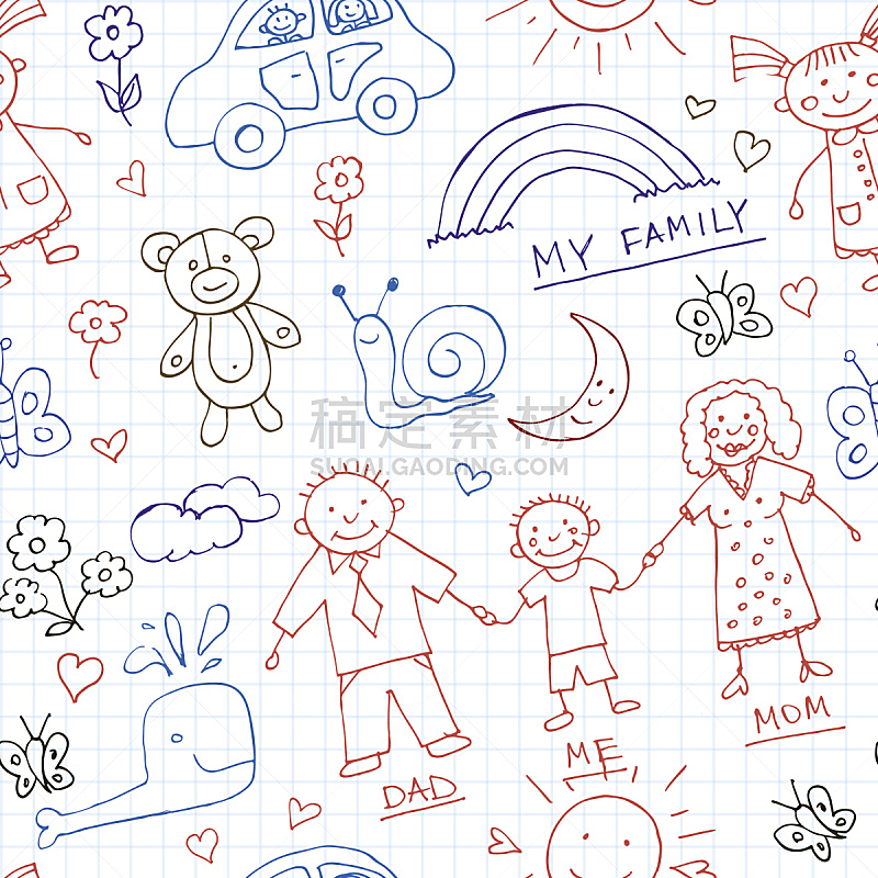 四方连续纹样,儿童,绘画插图,乱画,身份,可爱的,家庭,母亲,铅笔,玩具