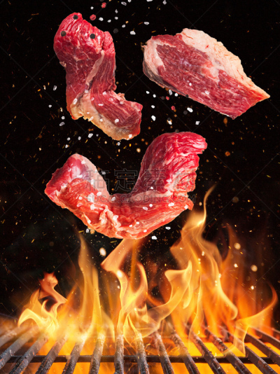 牛排,火,火焰,精神振作,铸铁,金属格栅,在上面,格子烤肉,热,暗色