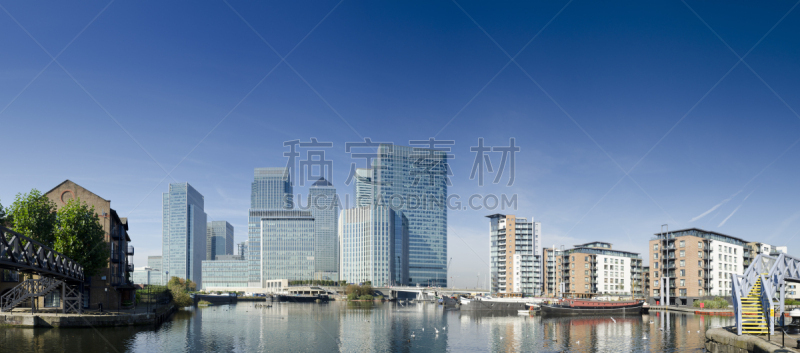 金丝雀码头,伦敦,全景,汇丰银行大厦,加拿大大厦,道格斯岛,船屋,办公园区,鸬鹚,驳船