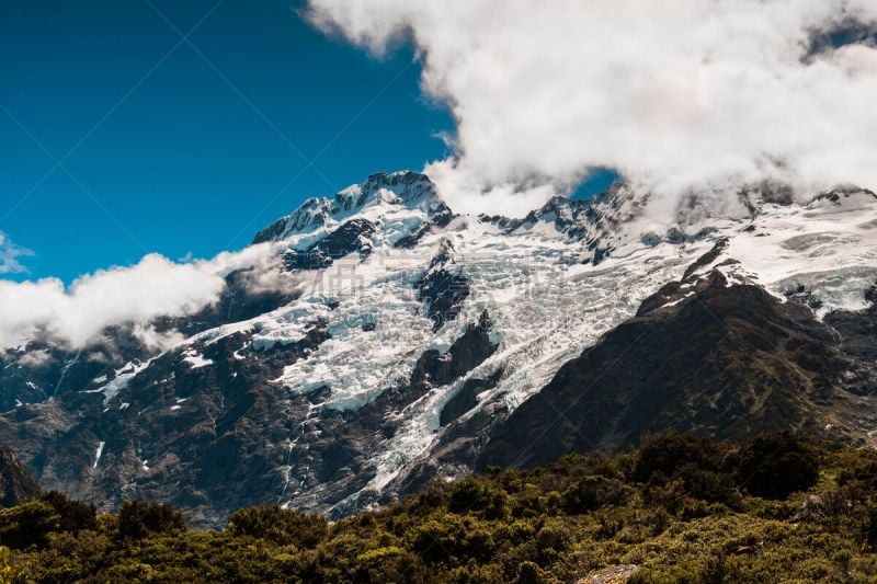 库克山,新西兰,特写,新西兰南岛,冰河峰荒野地,水,天空,水平画幅,雪,户外