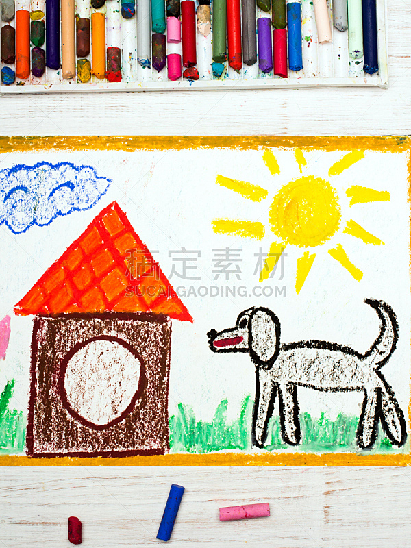 狗,黑色,窘迫,多色的,巨大的,动物收容所,狗屋,有色粉笔画,杂种狗,画画